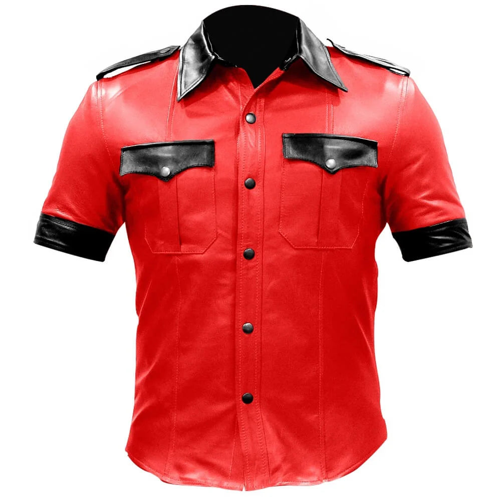 Red leather shirt with black accents on a white background