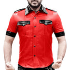 Red shirt with black accents worn by a person on a white background
