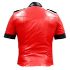Red leather jacket with black accents on a white background