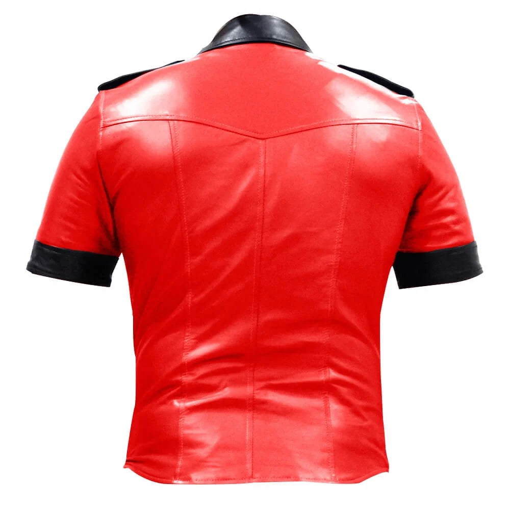 Red leather jacket with black accents on a white background